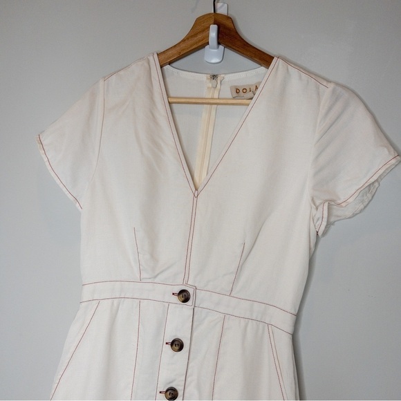 Dolan Rigby Topstitch Detail Button-Front Midi Dress Size Small Cream Linen - Picture 4 of 12